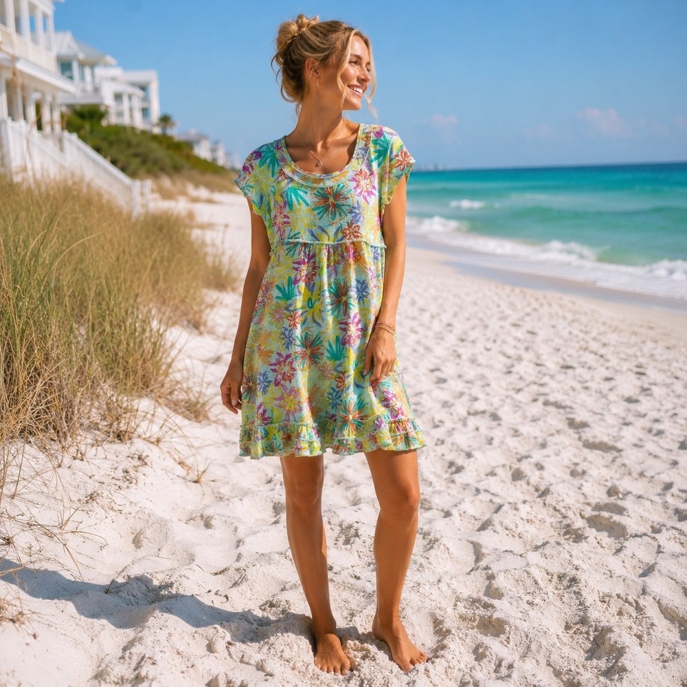 Fresh Produce M Tropical Floral Cotton Dress Resort Ruffle Hem Coastal Beach USA